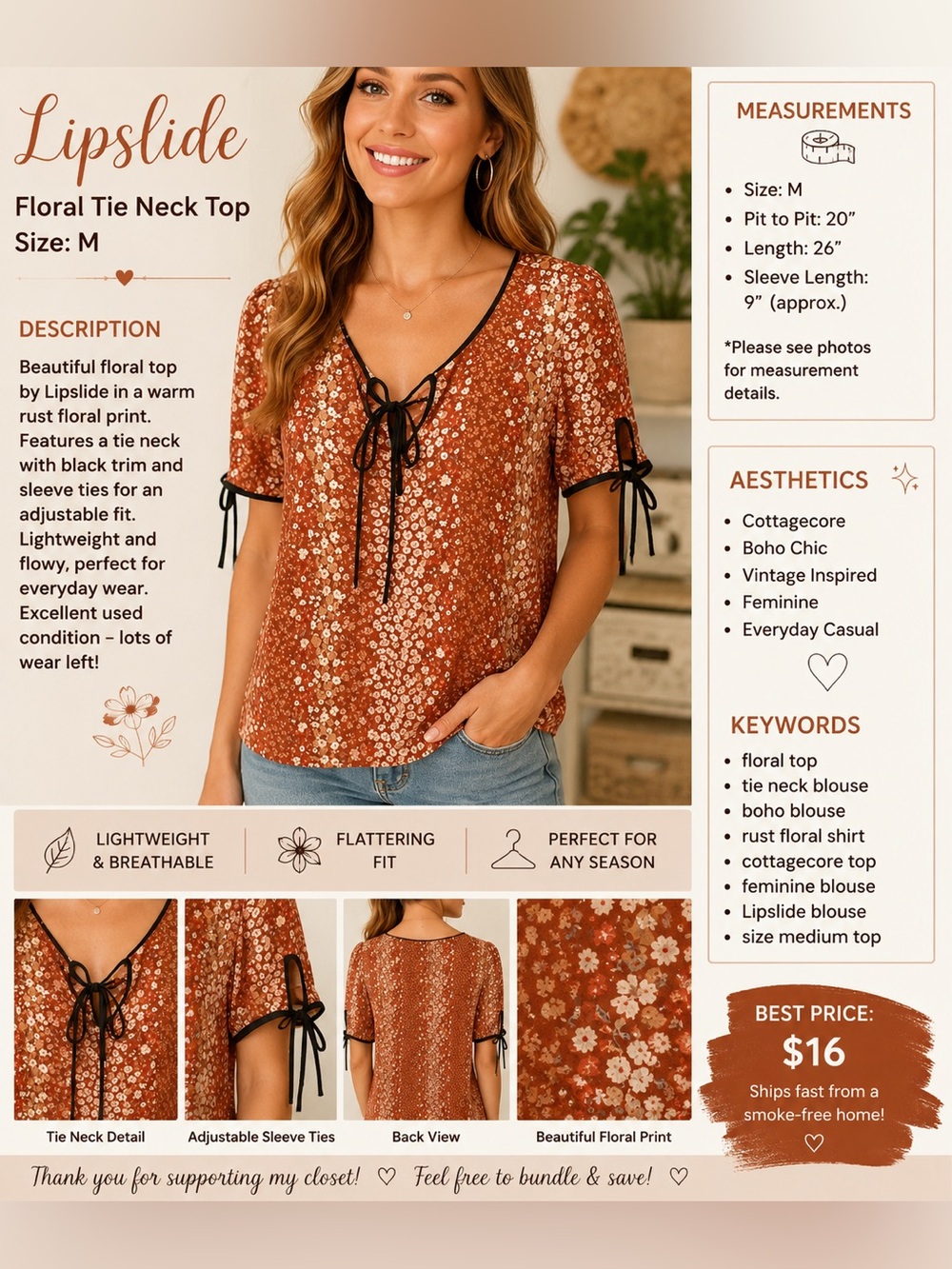 Lipslide Rust Floral Tie-Neck Blouse with Black Trim